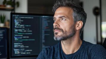Focused man working on coding projects in modern office environment photo