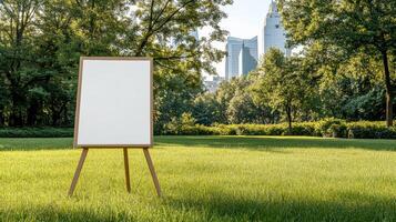 blank easel in green park with city skyline backdrop creates serene atmosphere photo