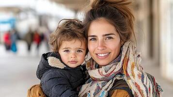 woman holding her child, both smiling warmly in bright setting photo