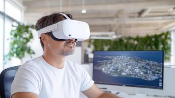 man using virtual reality headset in modern office environment photo