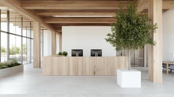Modern office reception area with wooden accents and greenery photo
