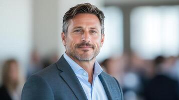 Confident man in suit smiling at professional event, showcasing leadership photo