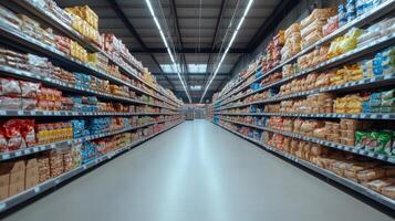grocery store aisle filled with various packaged food products and snacks photo