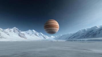 stunning landscape featuring frozen surface with large planet in sky photo