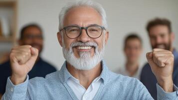 Senior man celebrating with joyful expression at retirement party photo