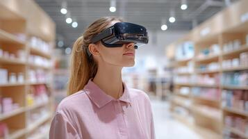 Young woman using augmented reality glasses in retail store photo