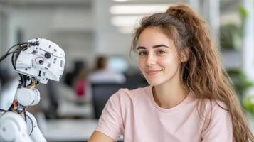 Robotic assistant helping employee with scheduling tasks in office photo