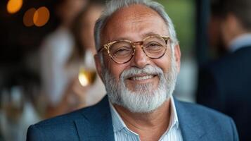 senior man with glasses smiling at celebration event, exuding joy and warmth photo