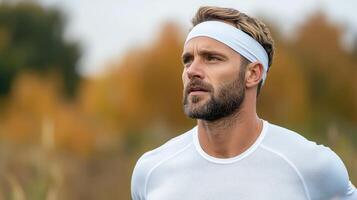 runner wearing smart headband in outdoor setting, focused and determined photo