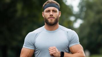 runner wearing smart headband, showcasing fitness and determination photo