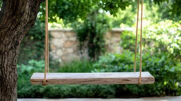 rustic backyard features handmade wooden swing tied to tree, inviting relaxation photo