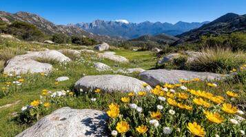 scenic mountain view with wildflowers and rocky terrain under clear sky photo