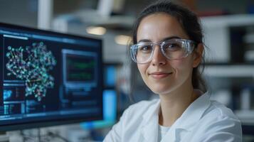 scientist in lab developing quantum computing technology, smiling confidently photo