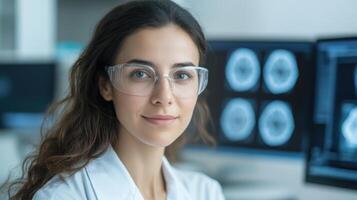 scientist in lab analyzing brain scans with advanced technology photo