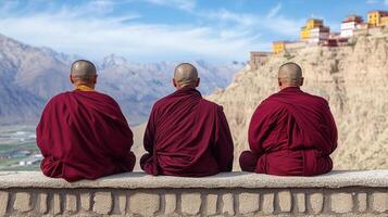 Monks in red robes sit peacefully overlooking serene landscape photo