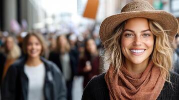 Empowered woman smiling at protest, wearing hat and scarf photo
