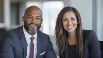 Professional business partners smiling in modern office setting photo