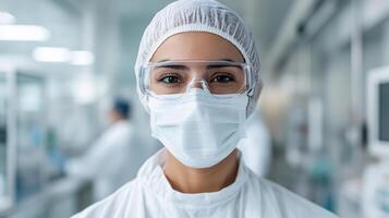 healthcare professional wearing protective gear in laboratory setting photo
