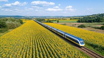 train travels through vibrant sunflower field under blue sky photo