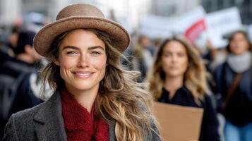 Empowered woman smiling in crowd during peaceful protest photo