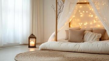 cozy and dreamy pillow fort with soft lighting and lantern photo
