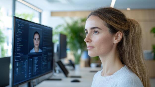 woman in modern office using facial recognition technology on screen photo
