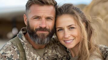 Soldier and partner sharing joyful reunion, showcasing love and support photo