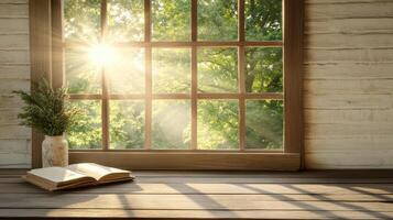 serene window view with sunlight illuminating cozy reading nook photo