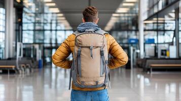 solo traveler with backpack stands in airport terminal, ready for adventure photo