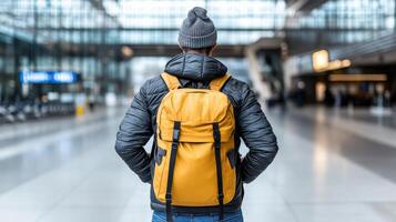 solo traveler with yellow backpack stands in airport terminal, ready for adventure photo