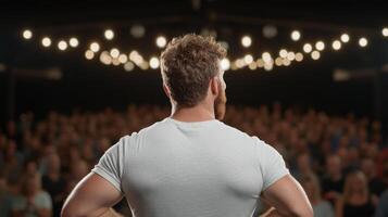 stand up comedian performing in front of lively audience, creating laughter photo
