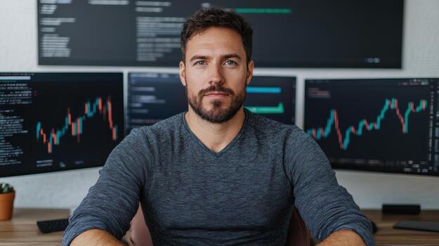 Professional man studying market trends with multiple monitors photo