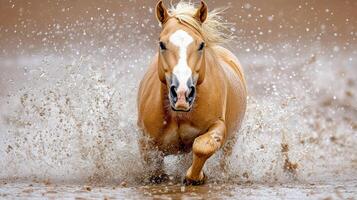 powerful horse galloping through water, creating splashes and excitement photo