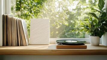 sunlit window with vinyl records and plant creates cozy atmosphere photo