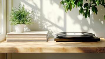 sunlit window with vinyl records and plant on wooden table photo