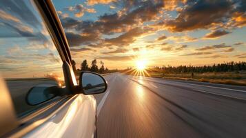 sunset view from inside moving car, capturing vibrant sky and road photo