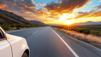 sunset view from inside moving car, capturing vibrant sky and landscape photo