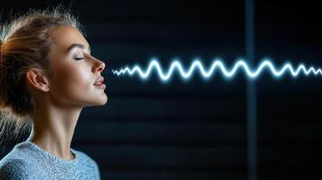 serene woman with closed eyes, emitting sound waves in dark setting photo