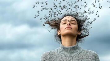 woman with flowing hair surrounded by birds, expressing freedom and serenity photo
