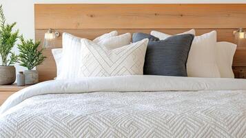 Cozy bedroom with quilted bedspread and decorative pillows on wooden headboard photo