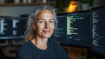 confident woman smiles while coding at her computer workstation photo