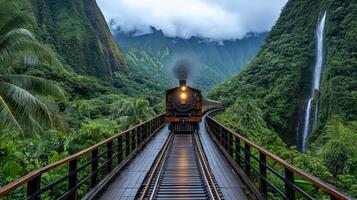 vintage steam train chugging along narrow railway surrounded by lush mountains and waterfalls photo