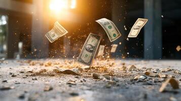 Falling money bills creating dramatic scene with sparks and dust photo
