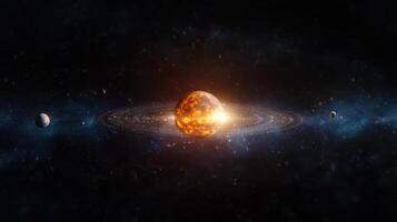 stunning cosmic scene featuring glowing planet surrounded by rings and other celestial bodies photo