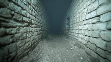 dark, eerie corridor with stone walls and dusty floor creates suspenseful atmosphere photo