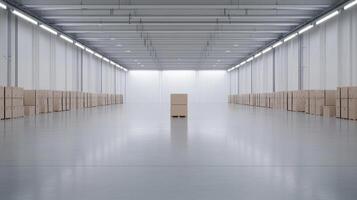 spacious warehouse interior with stacked boxes and polished floors photo