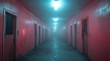 dimly lit corridor with pink walls and fog, creating spooky atmosphere photo