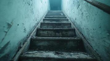 Old, worn staircase leading to dimly lit area, evoking sense of mystery photo