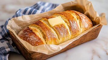 Fresh loaf of bread with melting butter on top, perfect for breakfast photo