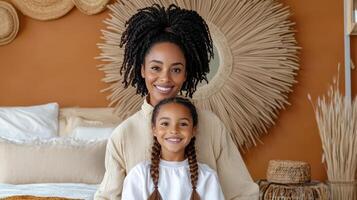 warm toned bedroom with mother and daughter smiling together, showcasing love and joy photo